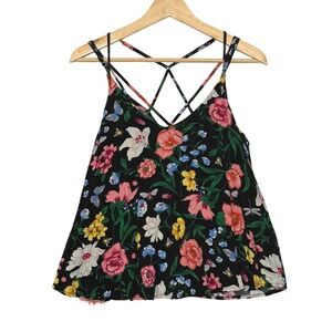 Hollister Floral Print Tank Top Black Multicolor Cross Back Strappy Blouse, M‎